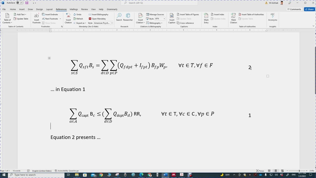 Automatic Equation Numbering in Microsoft Word