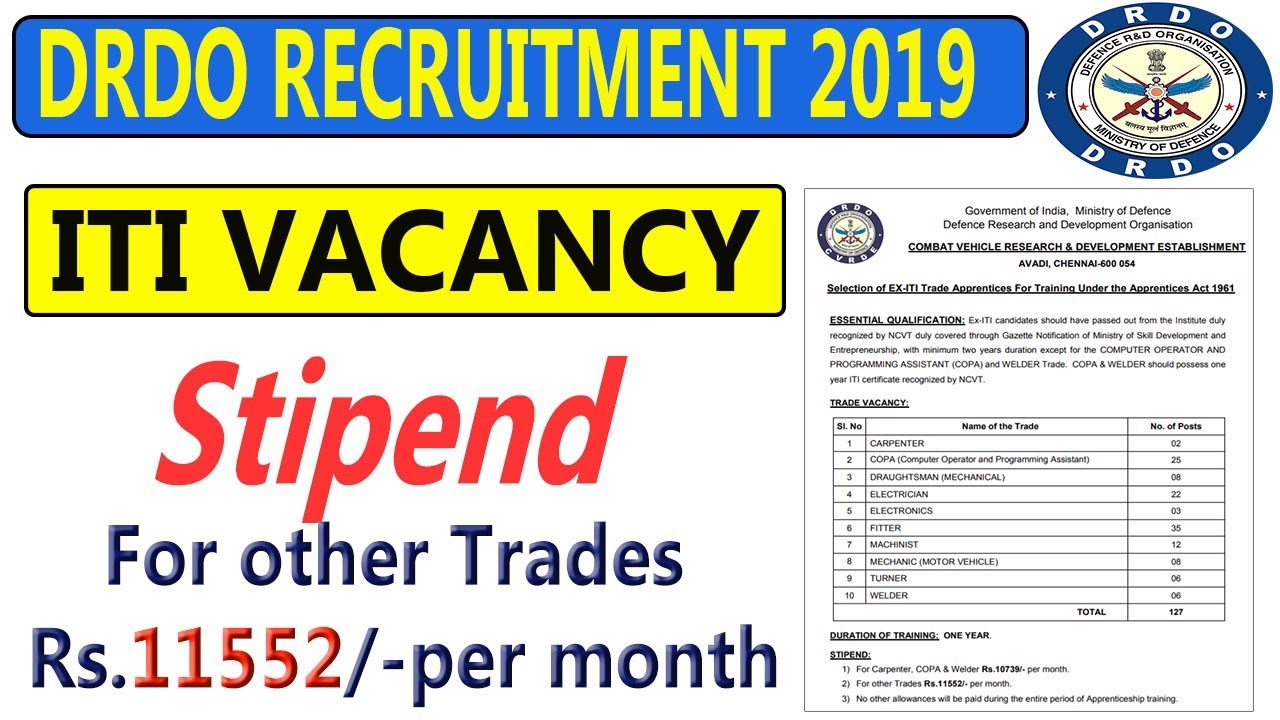 DRDO Recruitment 2019 for ITI Fitter, Electrician, Electronics, Welder, Turner, Machinist Etc