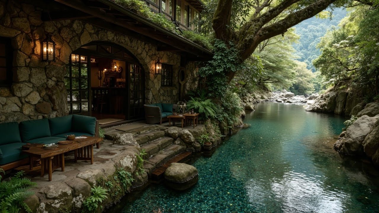 Serene Riverside Cabin Ambiance with Calming Water Flow & Distant Fireplace 🔥