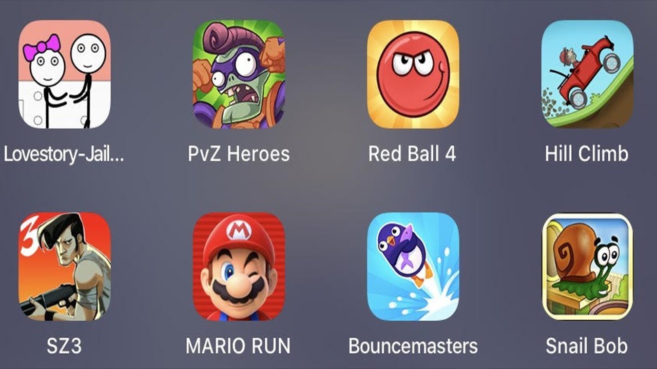 Lovestory Jailbreak,PVZ Heroes,Red Ball 4,Hill Climb,SZ 3,Mario Run,Bouncemasters,Snail Bob