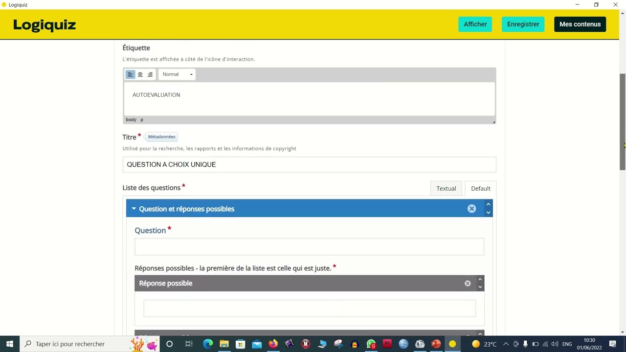 tuto3 insertion QUESTION CHOIX UNIQUE logiquiz