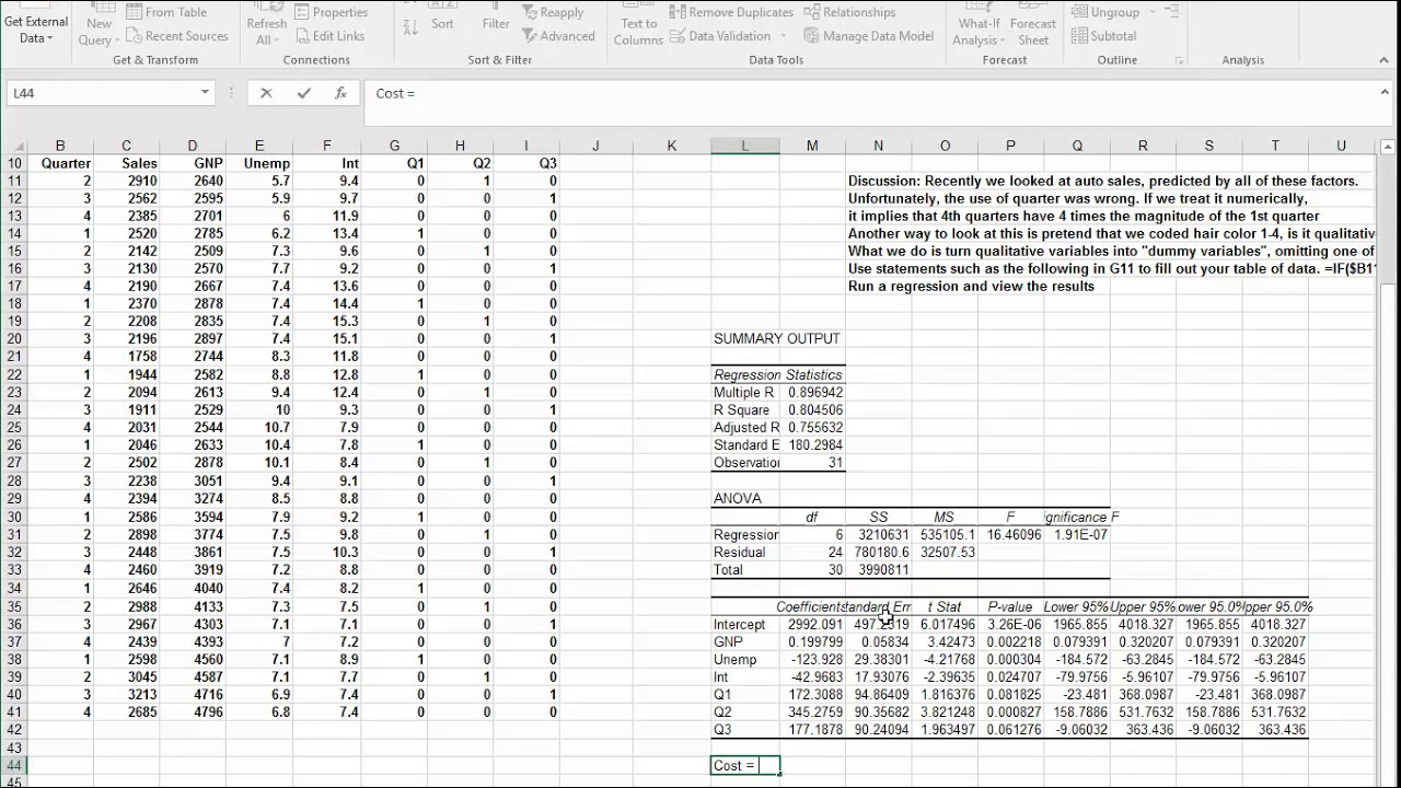 Qualitative and Lagged Variables in Regression using Excel