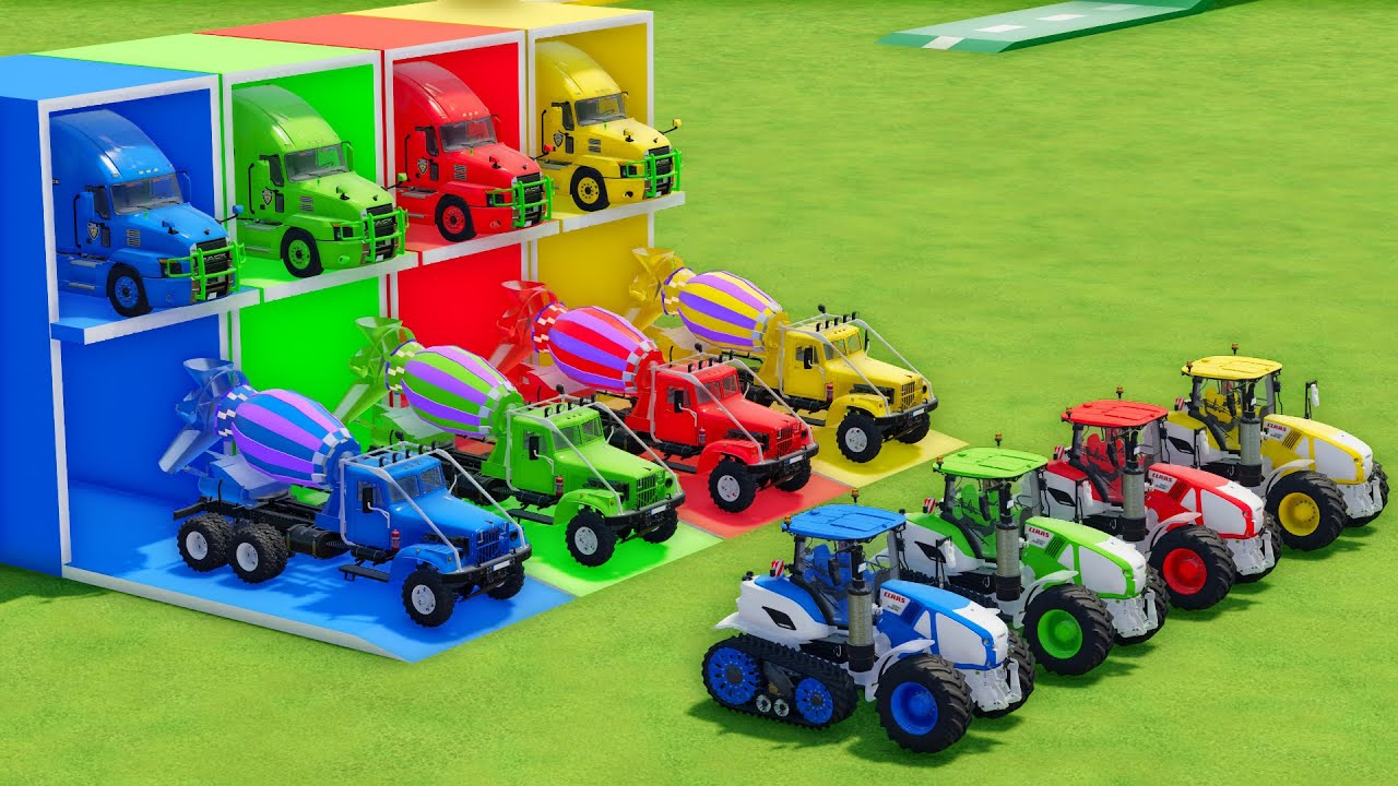 Garage with Colors - ALL MIXER TRUCK WITH DOUBLE FLATBED TRAILER TRUCK, MACK, KRAZ, CLAAS AXION
