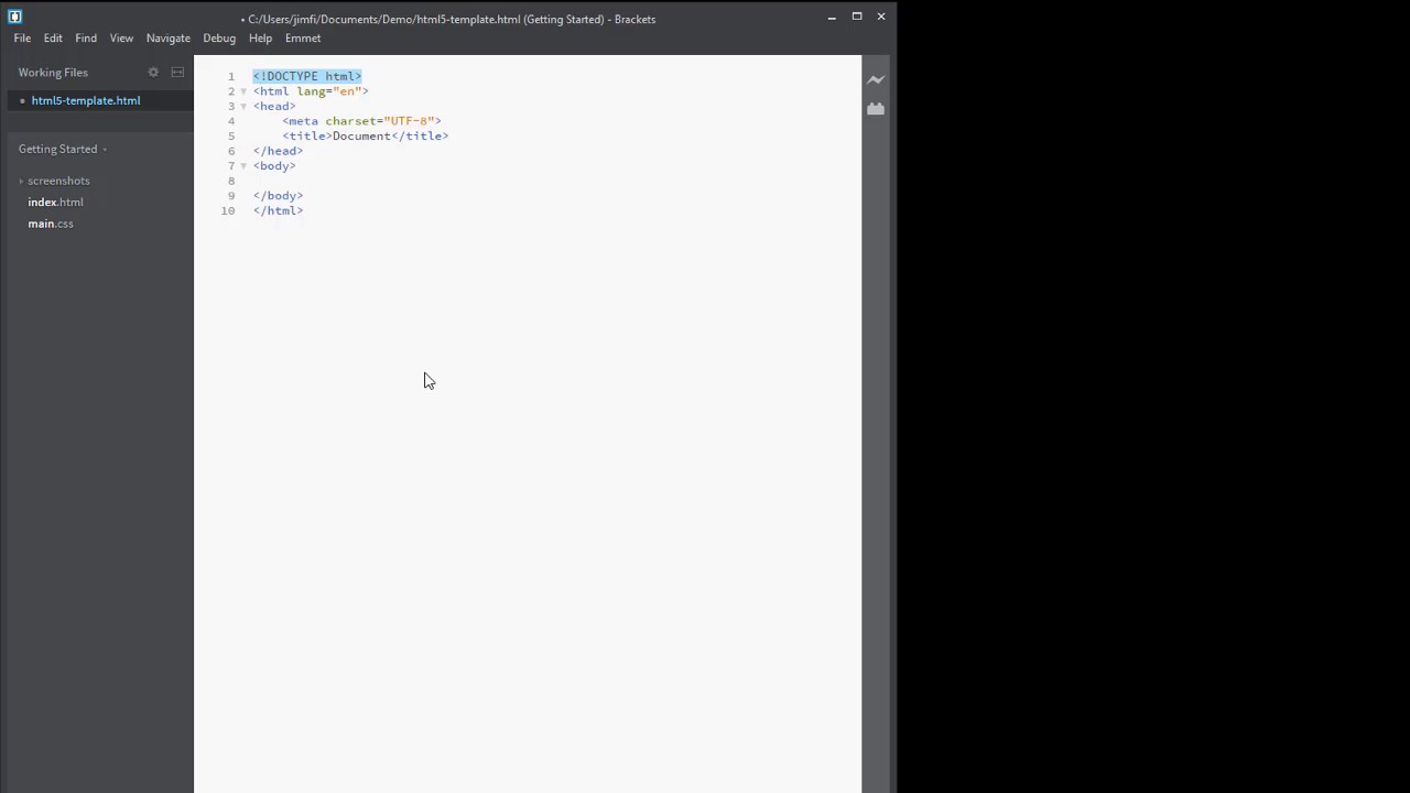 Create your first HTML page with Emmet in Brackets