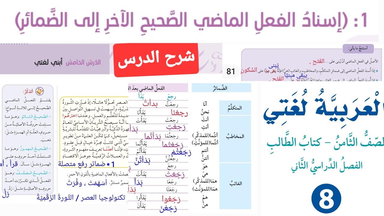 إسناد الفعل الماضي الصحيح الآخر إلى الضمائر صف ثامن عربي شرح الدرس الخامس الوحدة الثامنة صفحة 79-80