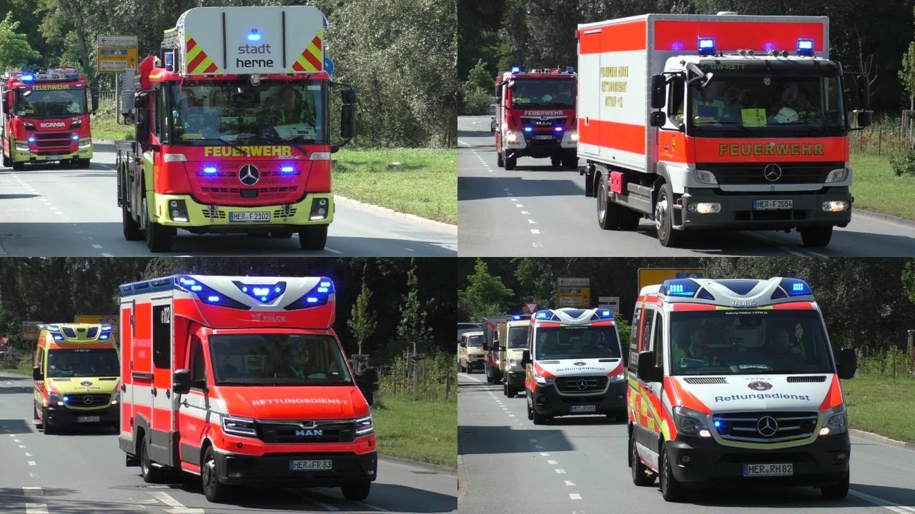 [Schwerer Busunfall] Einsatzfahrten Feuerwehr und Rettungsdienst zu Großübung in Herne-Baukau!