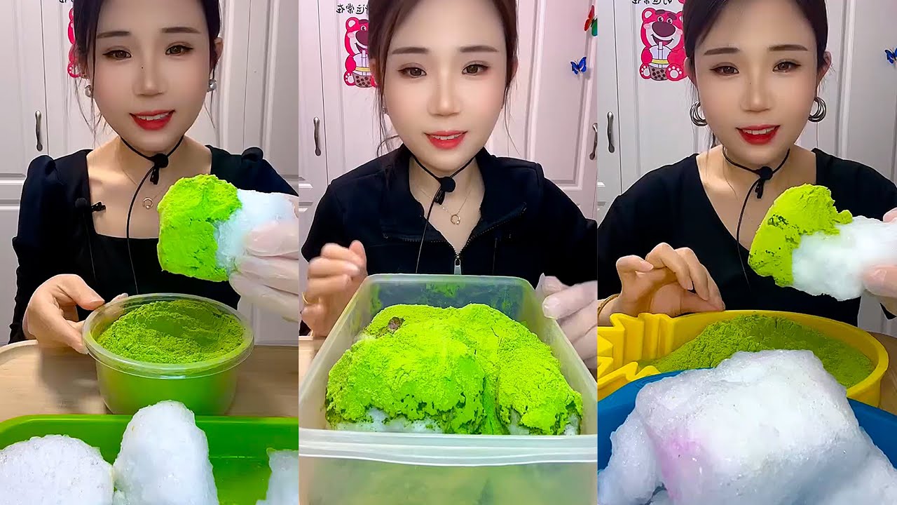 MATCHA ICE EATING || ASMR YY WHITE ICE CHUNKS EATING WITH ONLY MATCHA POWDER