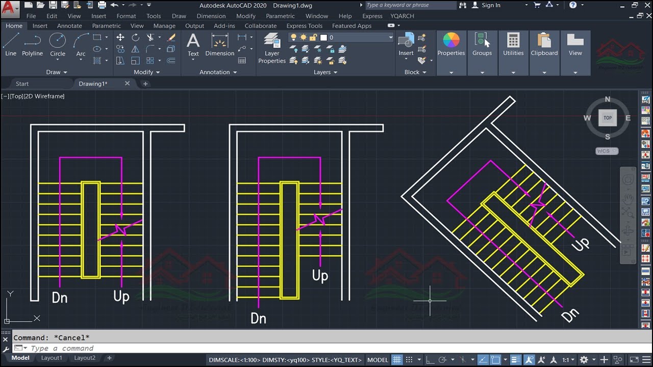 طريقة عمل مخطط السلالم (Staircase plan) بضغطة واحدة (دورة تعليم اضافة YQArch) على AutoCAD
