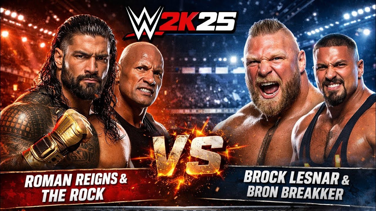 WWE 2K25 Roman Reigns & Rock Vs Brock Lesnar & Bron Breakker Match 
