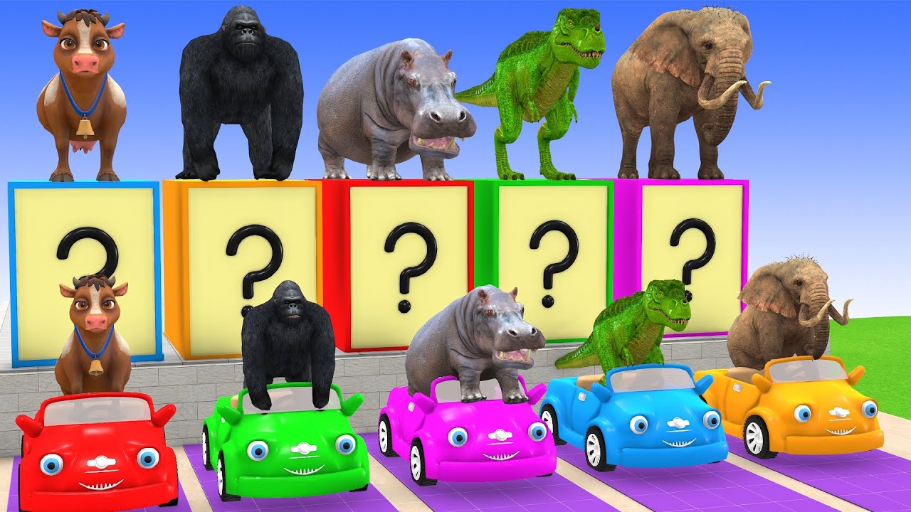 Long Slide Game With Elephant Cow Lion Gorilla Tiger - 3d Animal Game - Funny 3d Animals