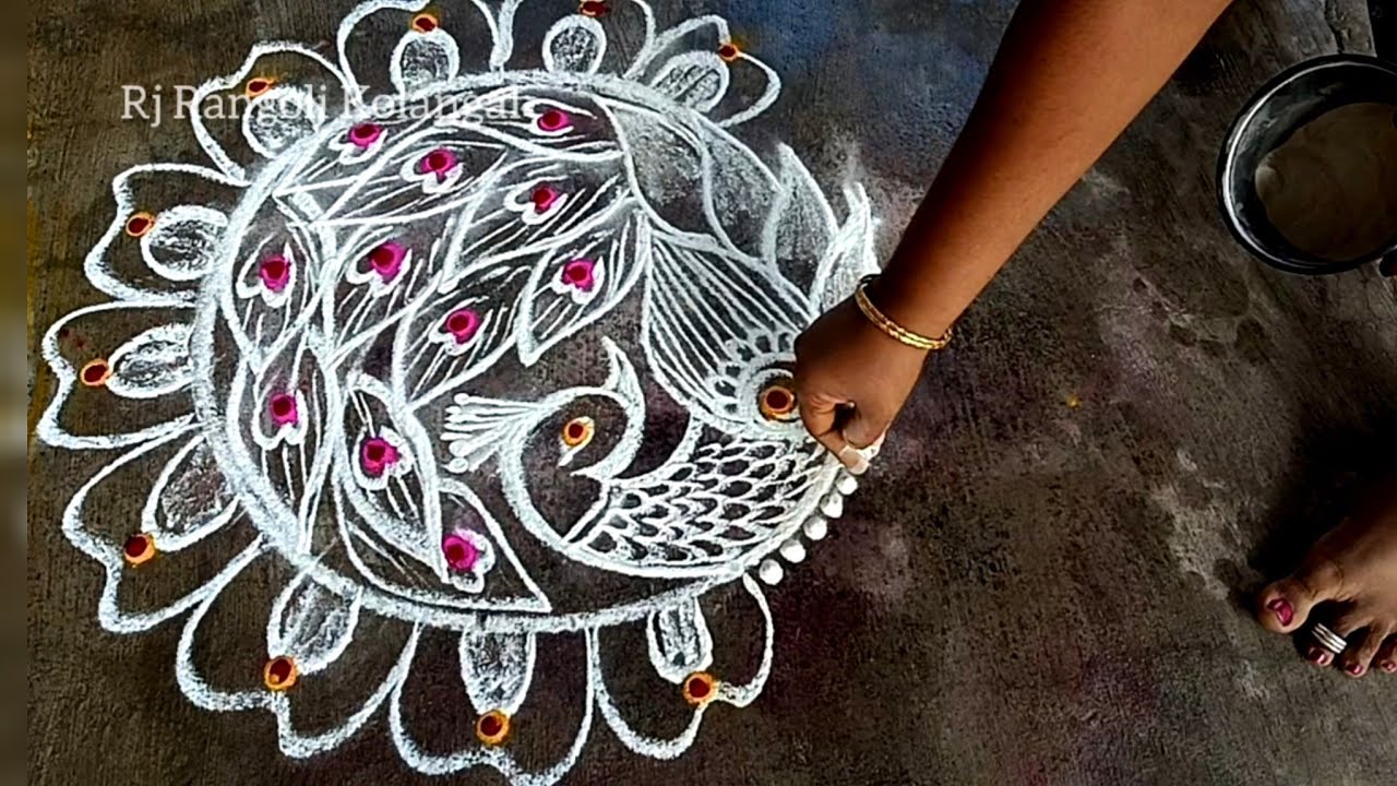 Traditional Peacock Rangoli design 🌺 Thai Madham Kolam 🌺 Traditional padikolam 🌺
