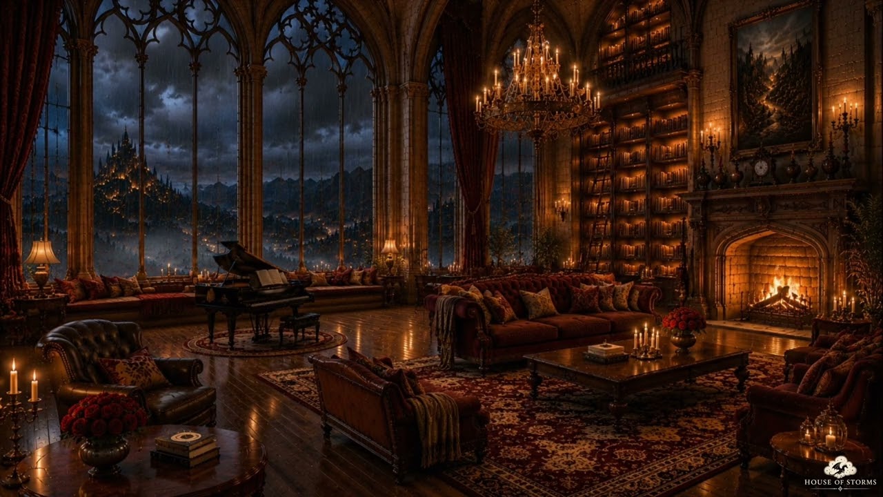 Gothic Library Lounge Ambience 🕯️ Dark Ambient Music, Rain & Thunderstorm in an Ancient Castle