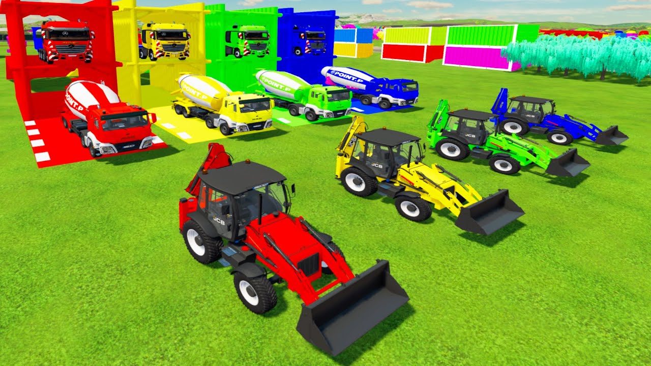 Garage With Color-COLORUFL BACKHOE EXCAVATOR, MAN MIXER CEMENT TRUCK TRANSPORTING WITH FLATBED TRUCK