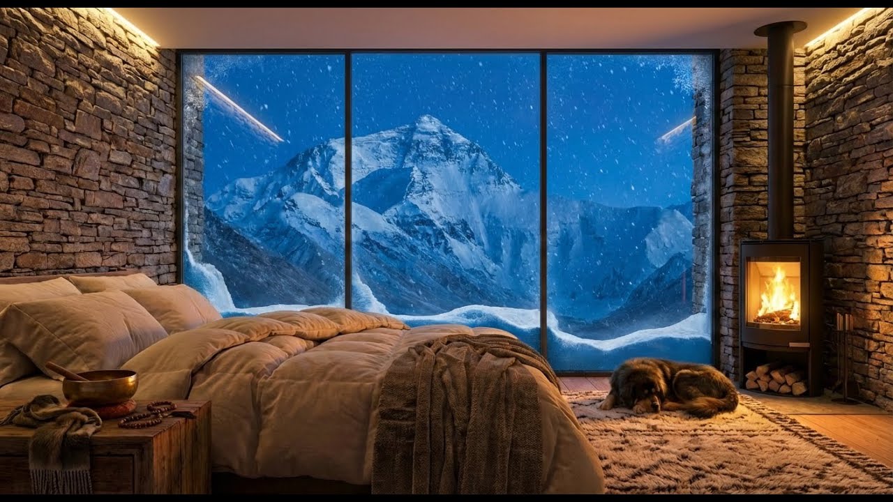 Tonight You Sleep in Himalayan Stone Lodge — Heavy Blizzard & Fireplace Sounds