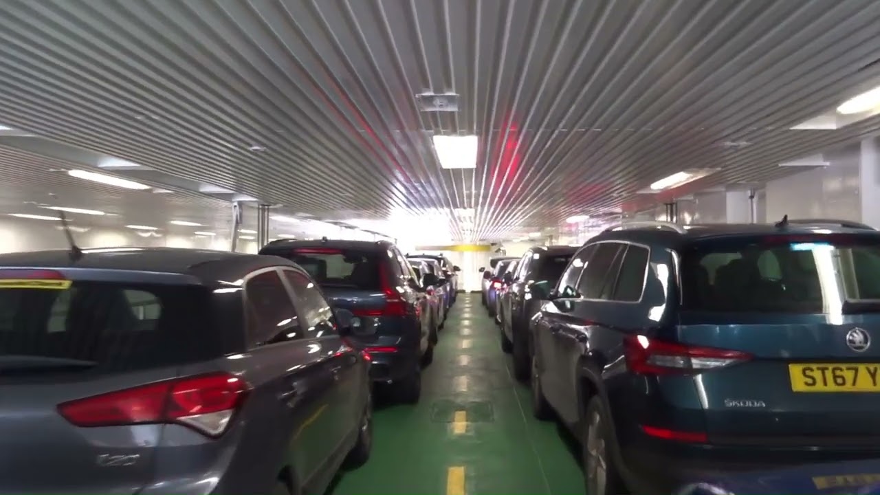 Stuck on mezzanine ramp on Calmac ferry Finlaggan due to electric car failure Kennacraig Scotland