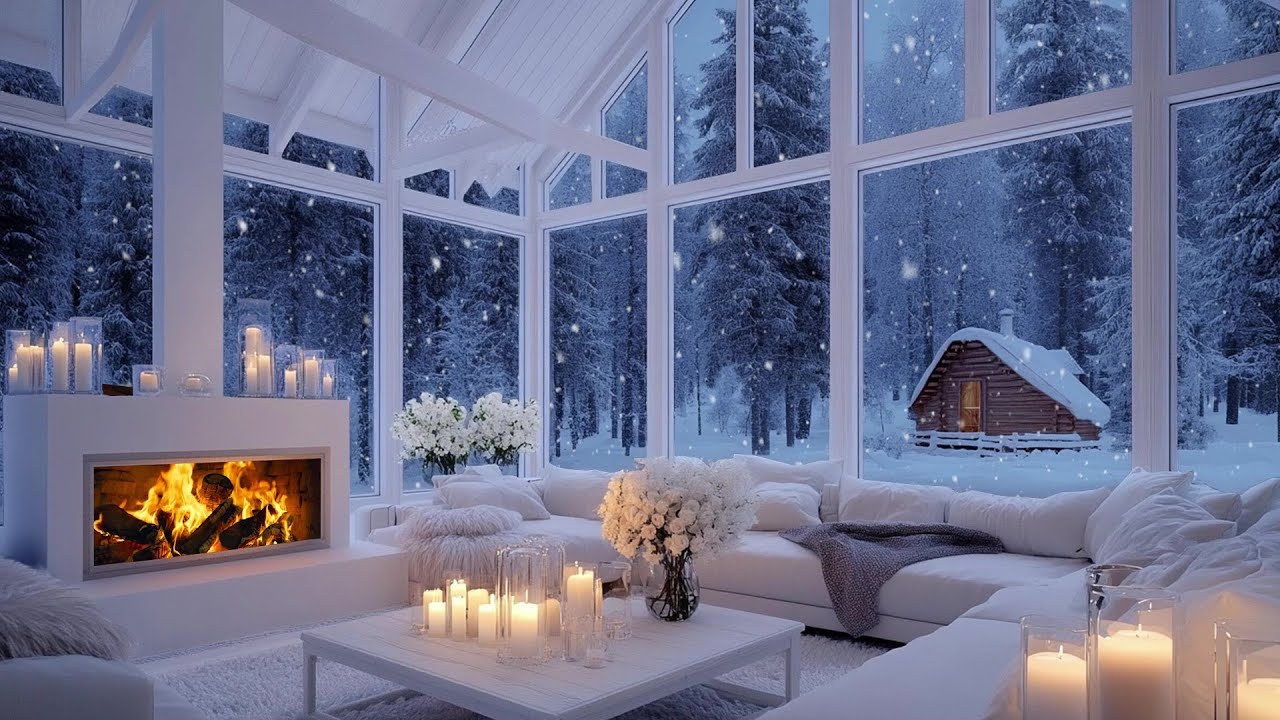 🌬️🔥 Quiet Snow Piano Lounge with Winter Comfort | Fireplace Light & Winter Flowers | Calm Night Rest
