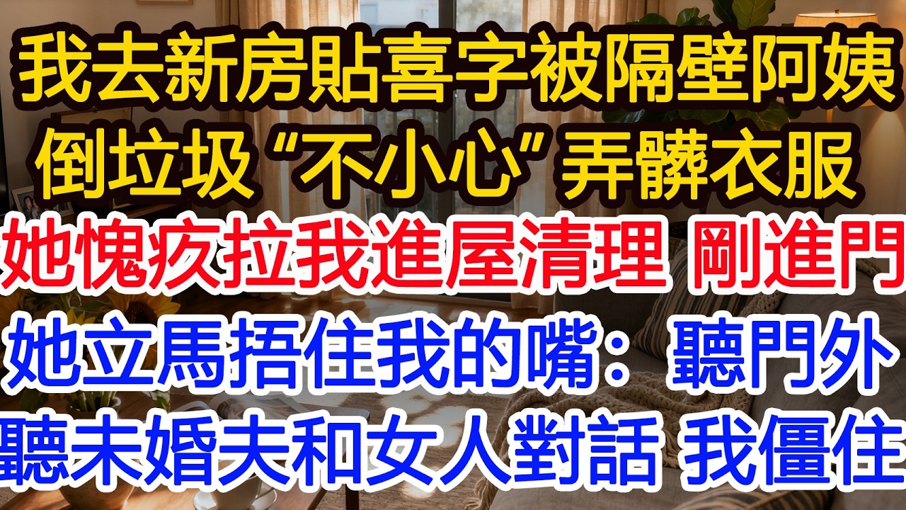 婚前我去新房貼喜字卻被隔壁阿姨倒垃圾“不小心”撞上弄髒了衣服她愧疚拉我進屋清理剛進門她立馬捂住我的嘴：聽問外聽到未婚夫和熟悉女人的對話 #為人處世 #正能量 #故事分享 #生活經驗 #情感#故事頻道