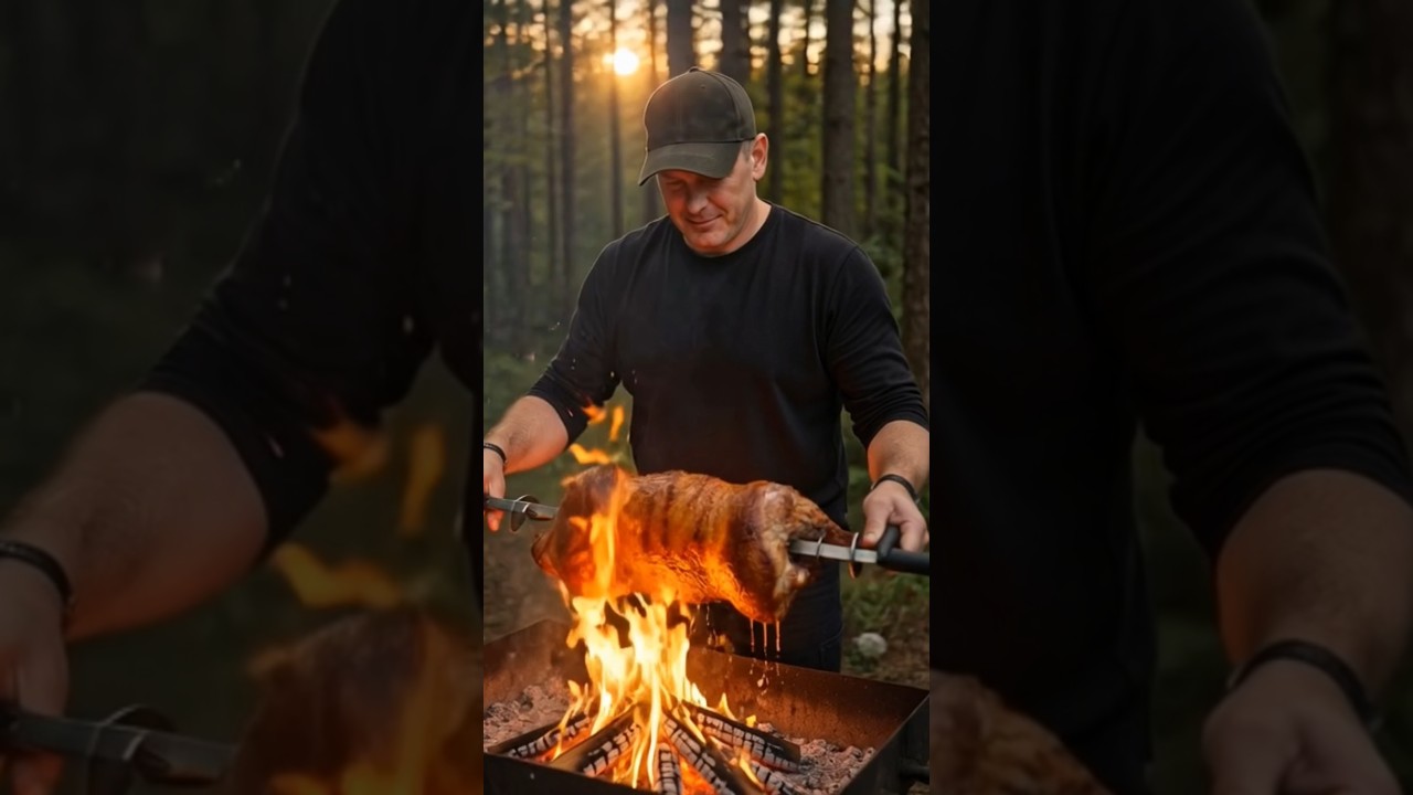 Готовлю огромный кусок мяса на вертеле.