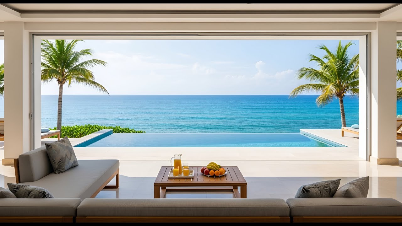🌴 Sweet Bossa Nova Piano Music & Ocean Waves Ambience at Coastal Cafe for Study & Focus