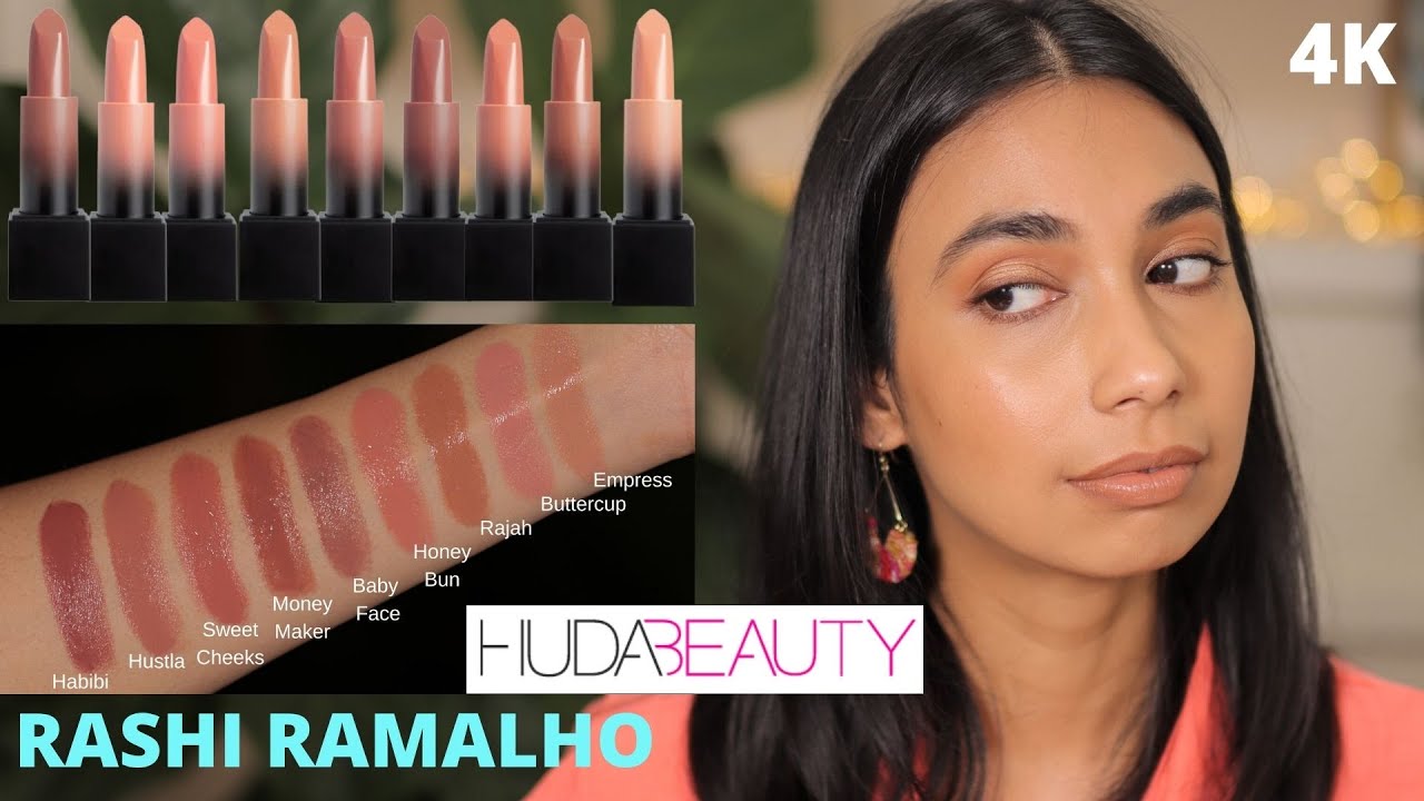 Образцы кремовой помады Huda Beauty на смуглой коже