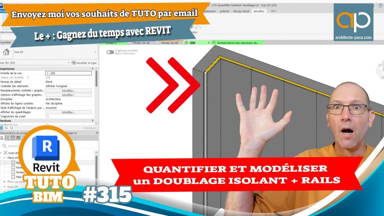 Créer et quantifier un Doublage isolant + RAIL PLACO sur REVIT - tuto gratuit n°315
