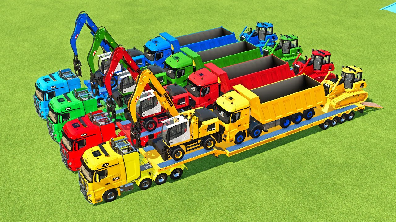 TRANSPORTING EXCAVATOR, BOX TRUCK, BULLDOZER, FIRE TRUCK TO GARAGE WITH MERCEDES TRUCK - FS22