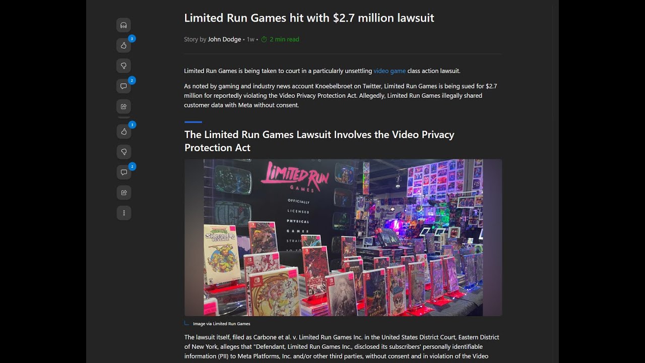 Компания Limited Run Games получила иск на сумму 27 миллионов долларов.