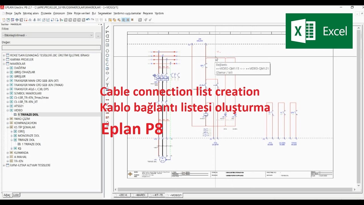 Cable connection list creation, Eplan P8 kablo bağlantı listesi oluşturma (Excel)