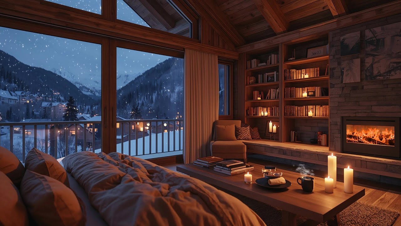 Snowy Village Atmosphere ❄️ Piano & Fireplace Warmth 🔥🎹