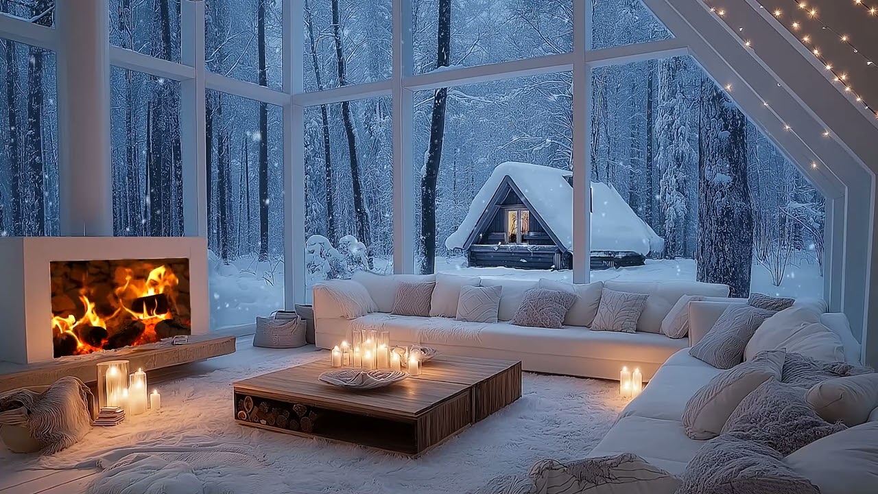 White Winter Piano Lounge ❄️ Cozy Fireplace & Snowy Window Ambience for Focus & Sleep