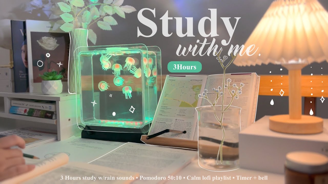 3-HOUR 🫧 Study With Me • Rain sounds 🌧️ + Lofi bgm • Pomodoro 50-10 • Day255🌊