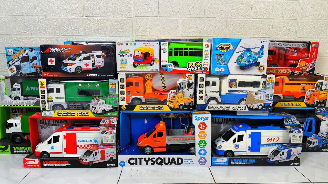 Unboxing Truk Oleng, Mobil Ambulans, Truk Pemadam, Excavator, Bajai, Helikopter