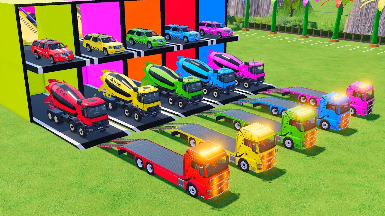 Garage with Colors - ALL MIXER TRUCK WITH DOUBLE FLATBED TRAILER TRUCK, LIZARD, PHOENIX, MACK, MAN