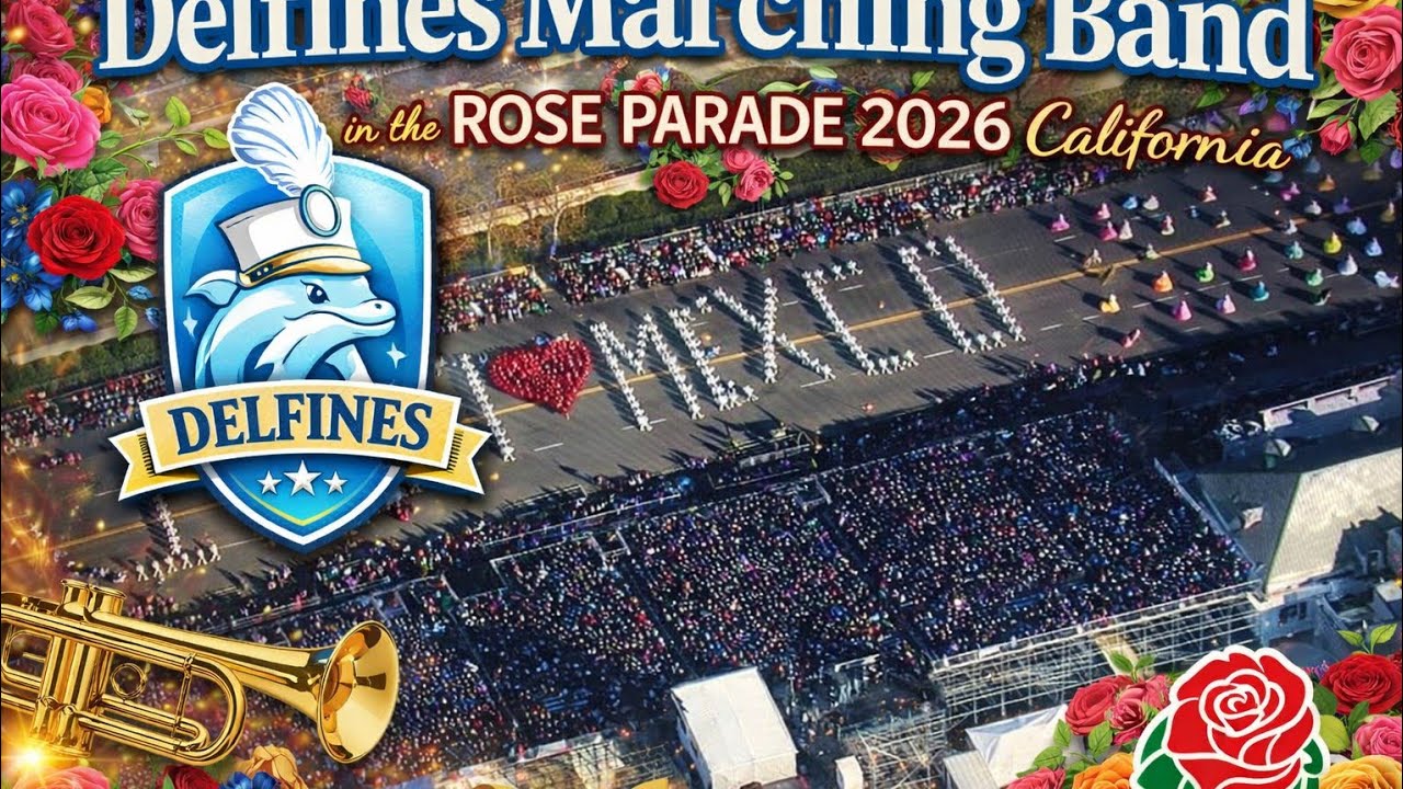 Delfines Marching Band en el desfile de las Rosas  2026 en California. 