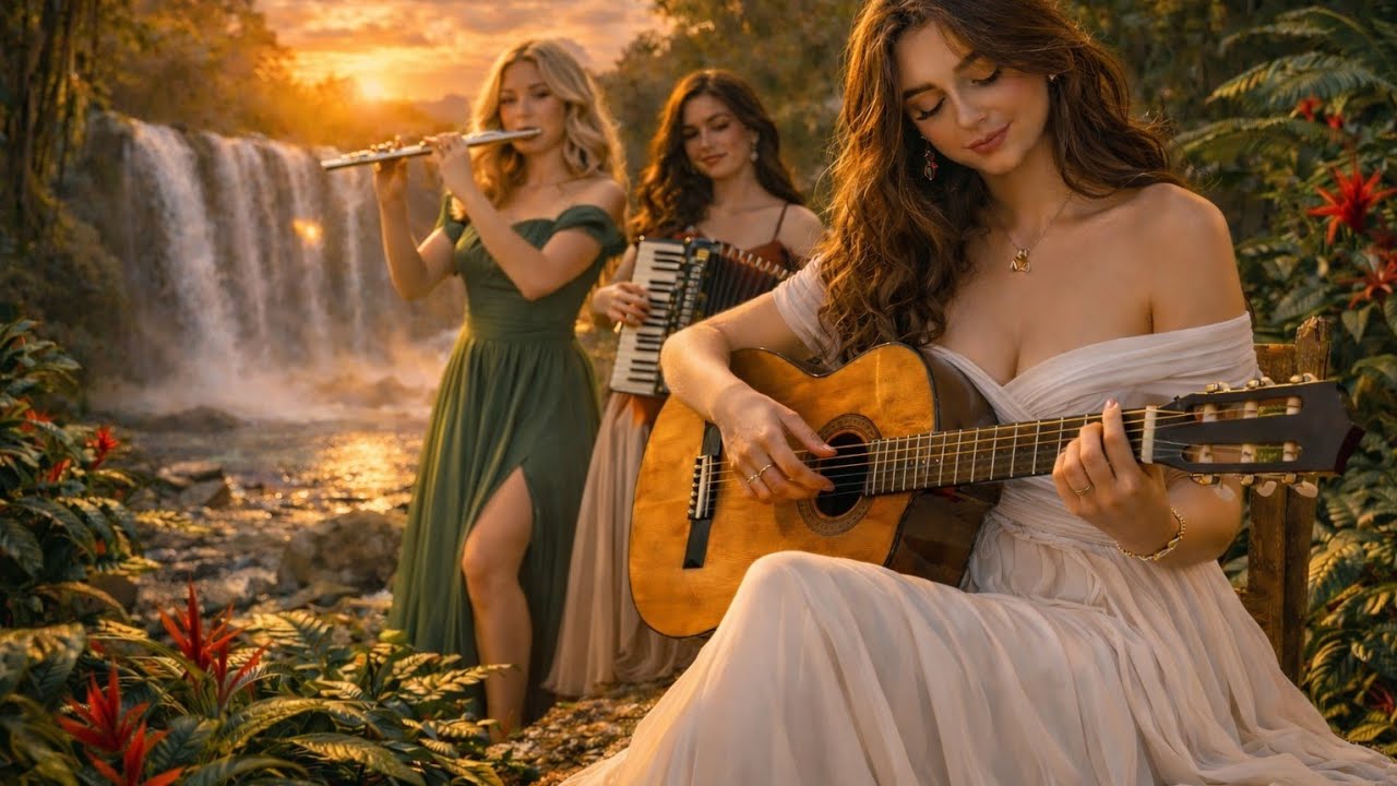 Magical Sunset by the Waterfall Forest | Flamenco Guitar, Violin, Saxophone & Irish Flute