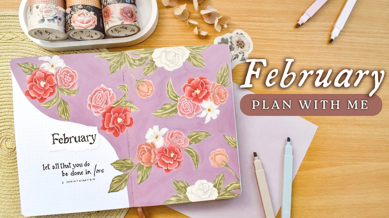 PLAN WITH ME • February Bullet Journal Setup 2023 💐 romantic spring florals