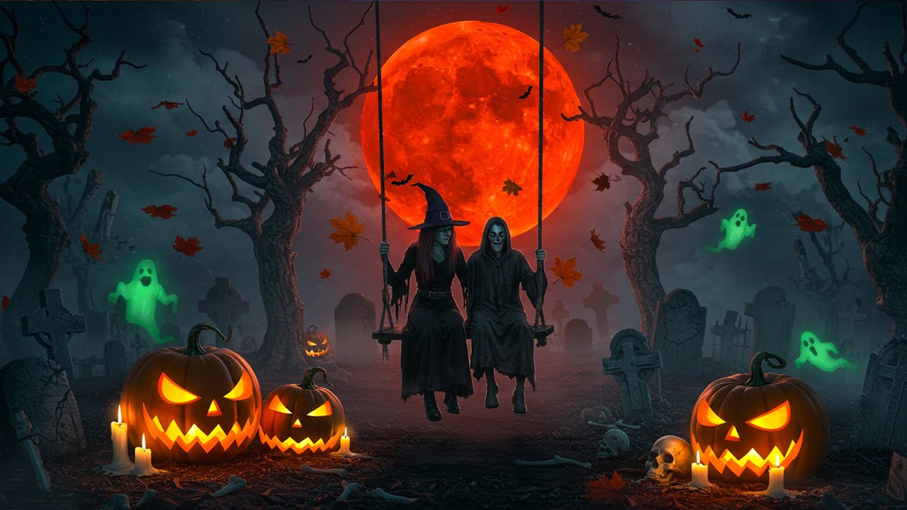 Halloween Ambience 2025 🎃 Haunted Cemetery Night with Zombies, Pumpkins & Eerie Music