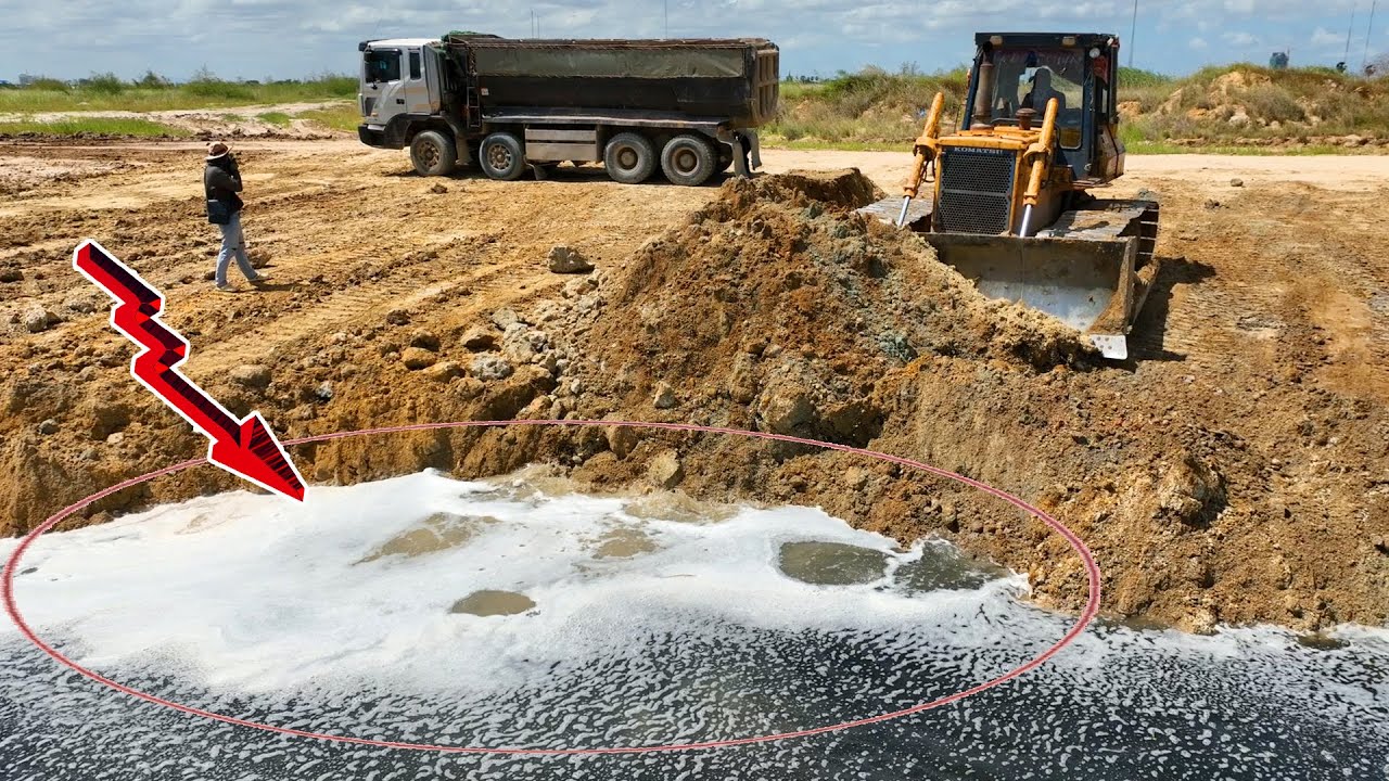 New Update Show!!Hard Work Komatsu D58 Dozer Pushing Stones Fill The Land Bury The Side Of The Lake