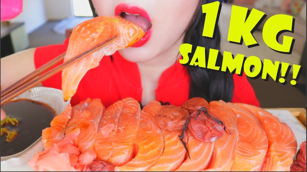 ASMR 1 KG RAW SALMON SASHIMI | SEAFOOD EATING SOUNDS | NO TALKING