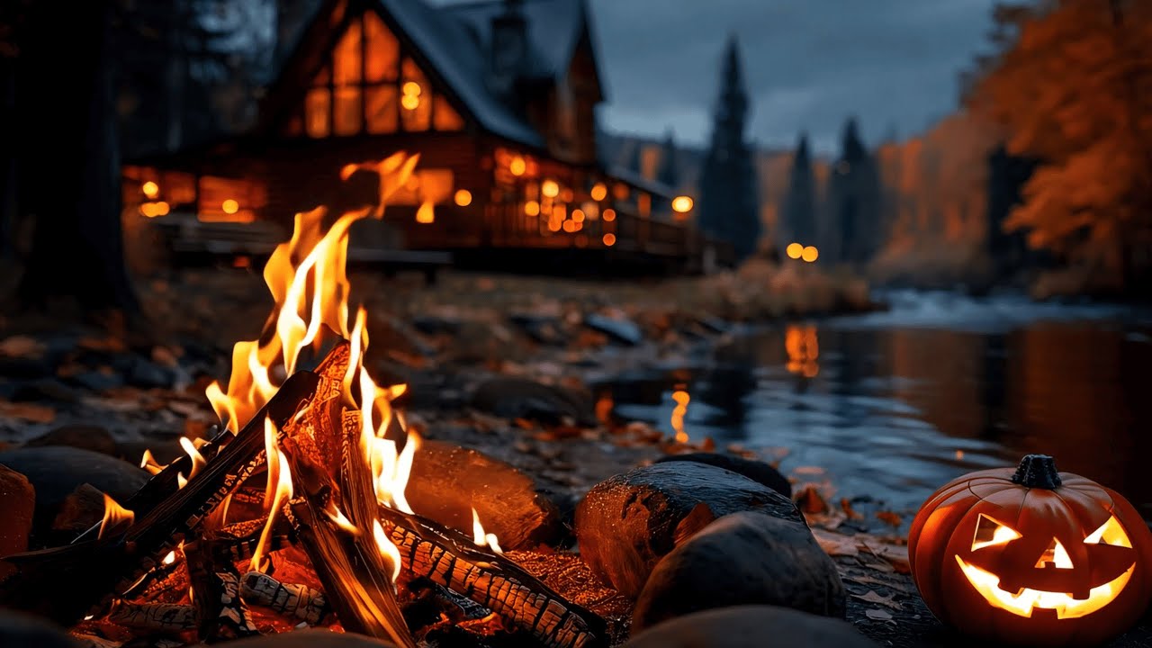 Halloween by the Riverside Cabin | Cozy Crackling Fire & Spooky Calm Ambience