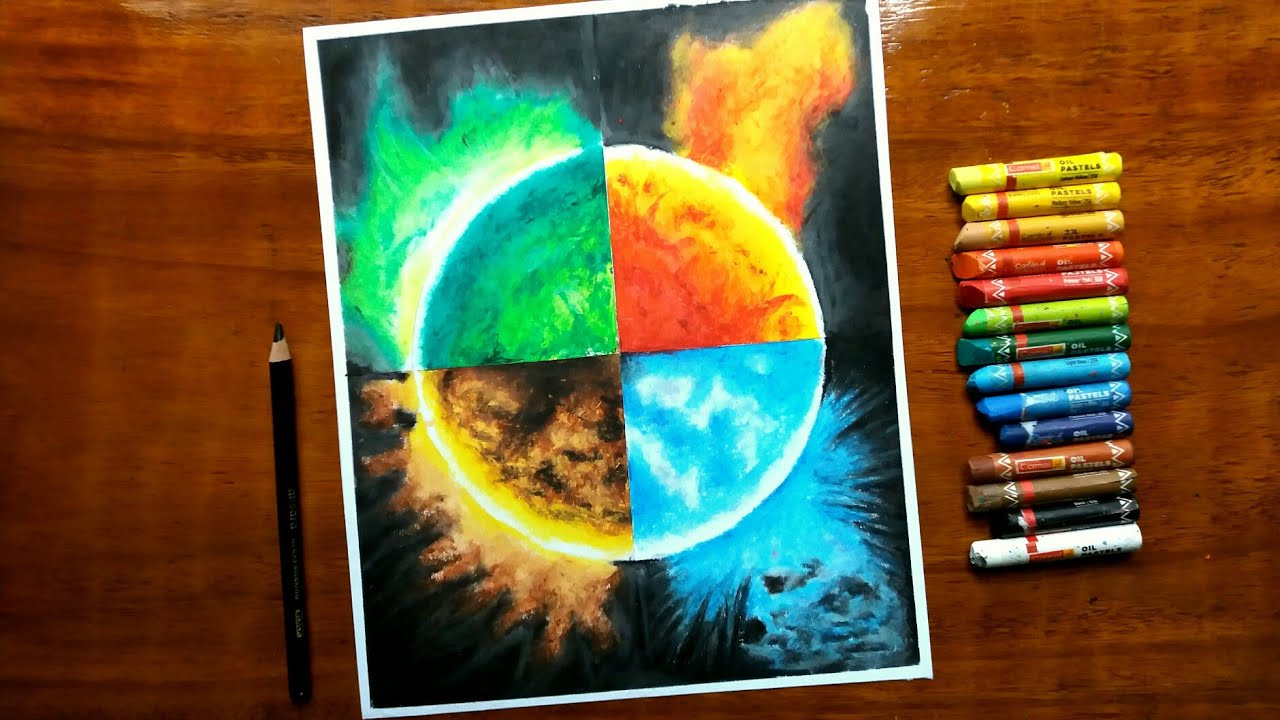 How to draw four planet dramatic scene with oil pastel - step by step