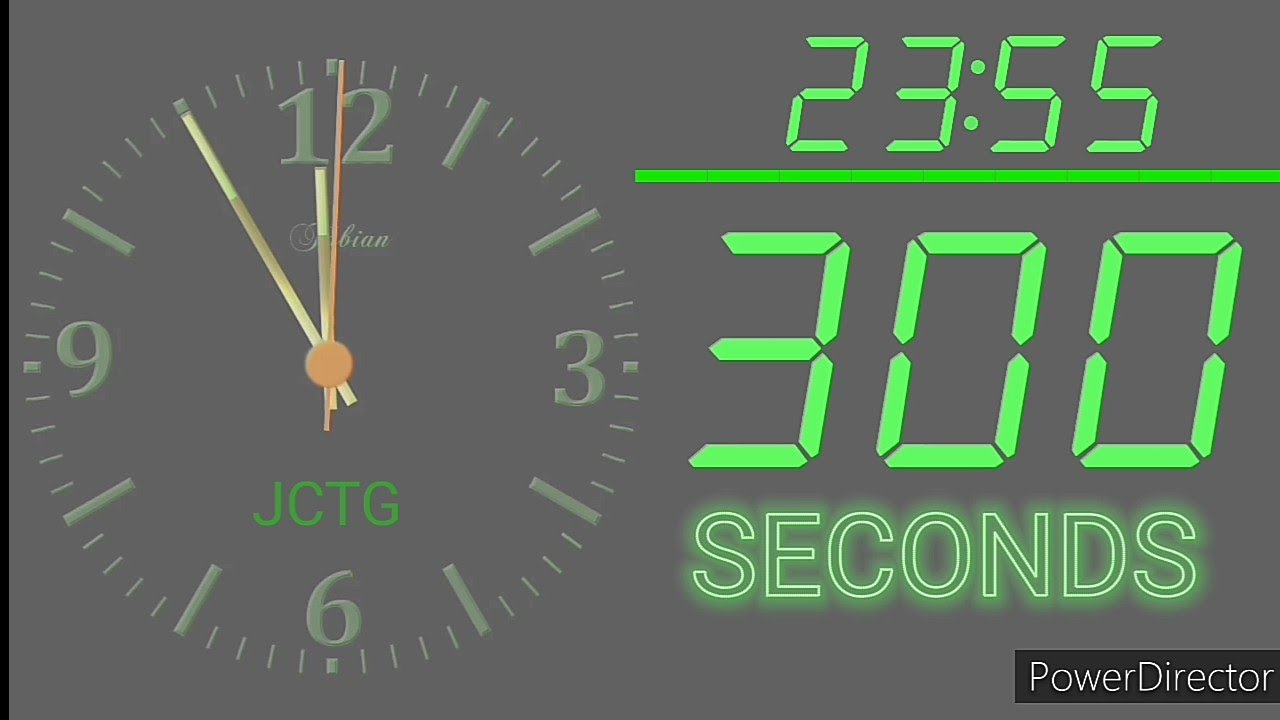 JCTG 5 Minutes (300 Seconds) Countdown into Midnight from 23:55 to 00:00 with music clock timer.
