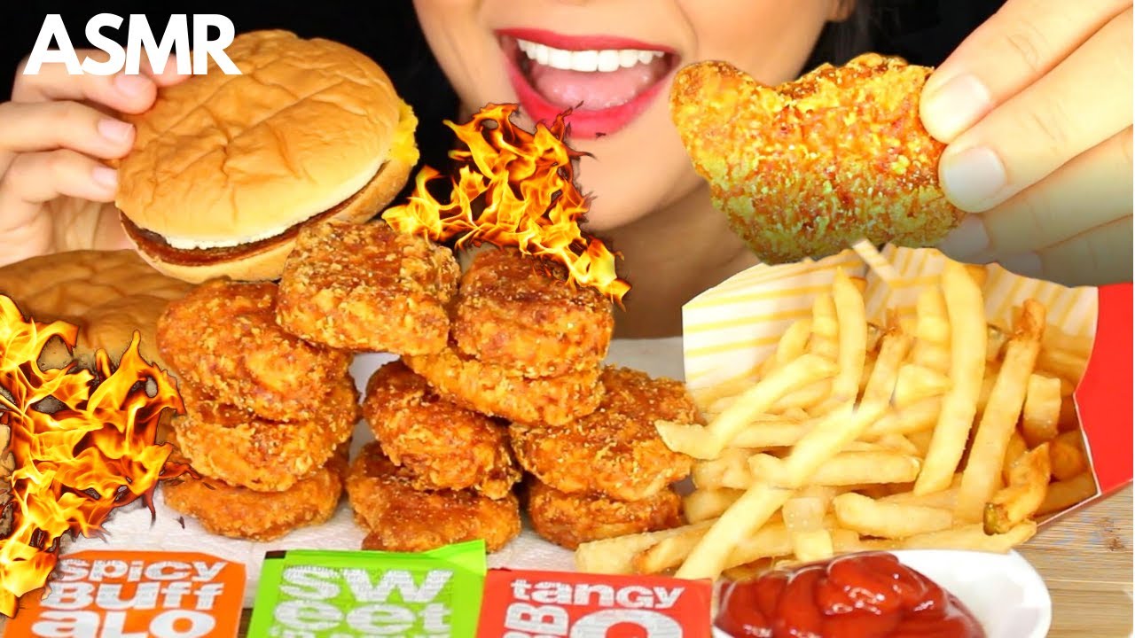 ASMR NEW McDonald's SPICY McNUGGETS and CHEESEBURGER Eating Sounds MUKBANG