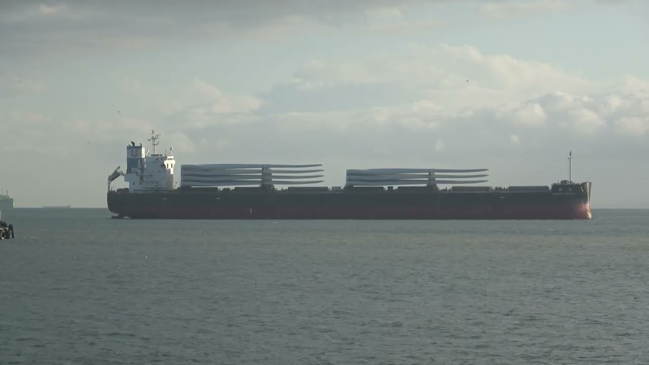 Wind Turbines on this Massive Ship near Shore at The Strait of Gibraltar 05 Jan 2026