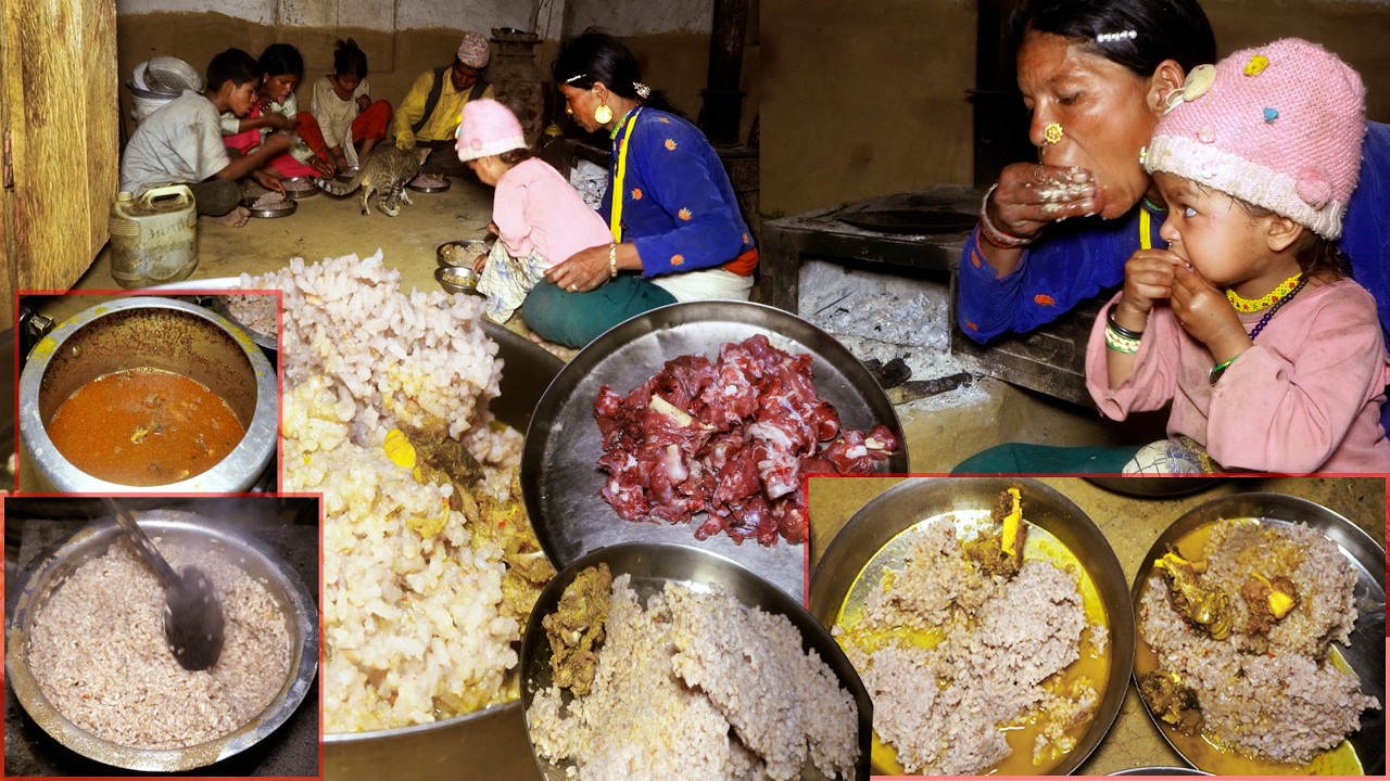 dharem brother family  eat mutton soup curry with rice in their village house || rural Nepal ||
