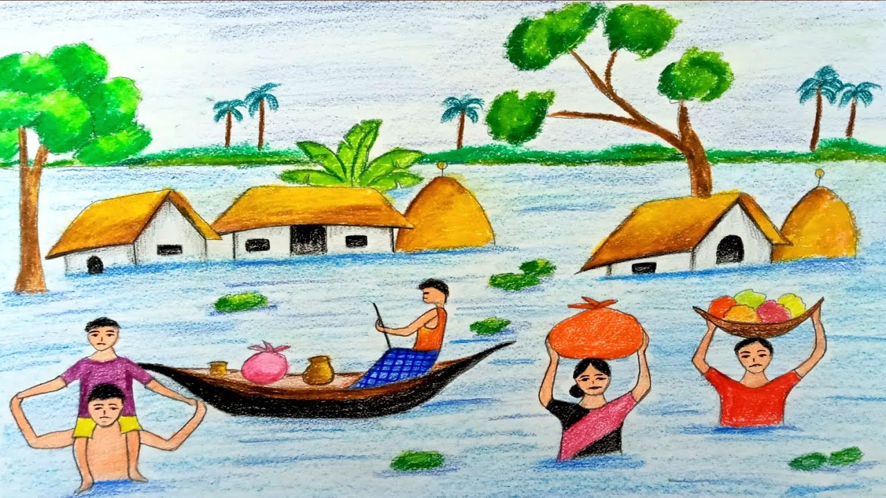 Beautiful Flood Scenery || Easy Flood Scenery Drawing Step by step || iqra easy Draw