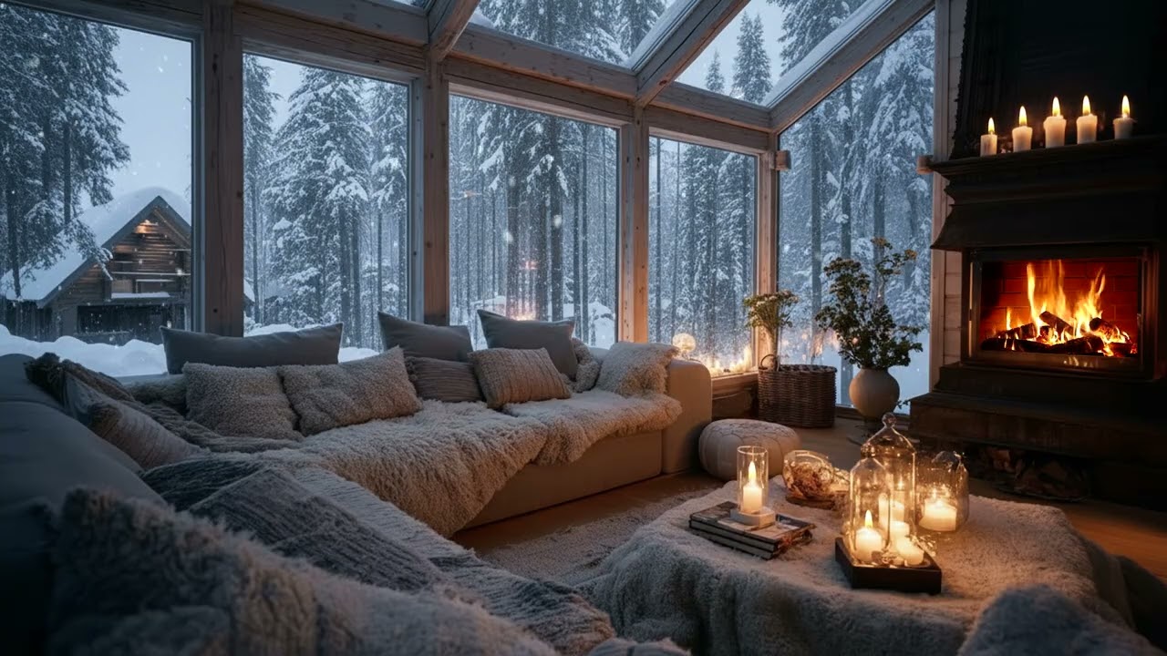 🎶 Peaceful Winter Lounge Piano | Soft Candle & Snowfall Scene (3 Hours) | Healing Study Relax Sleep