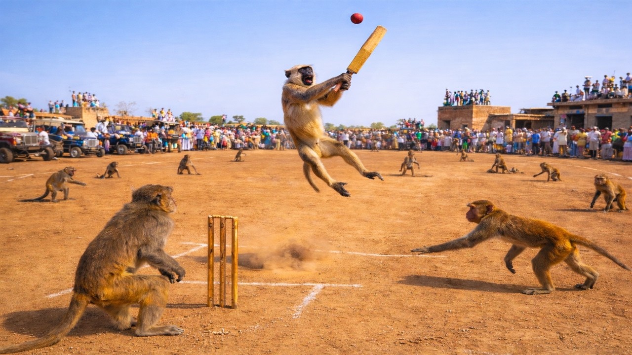 बंदर जंगल में क्रिकेट खेल रहे हैं 😱🏏 | Monkeys Playing Cricket in stadium