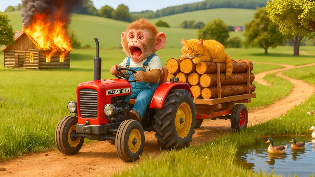 Brave Baby Monkey Drives Tractor To Rescue Kitten From Fire - LULU MONKEY TV