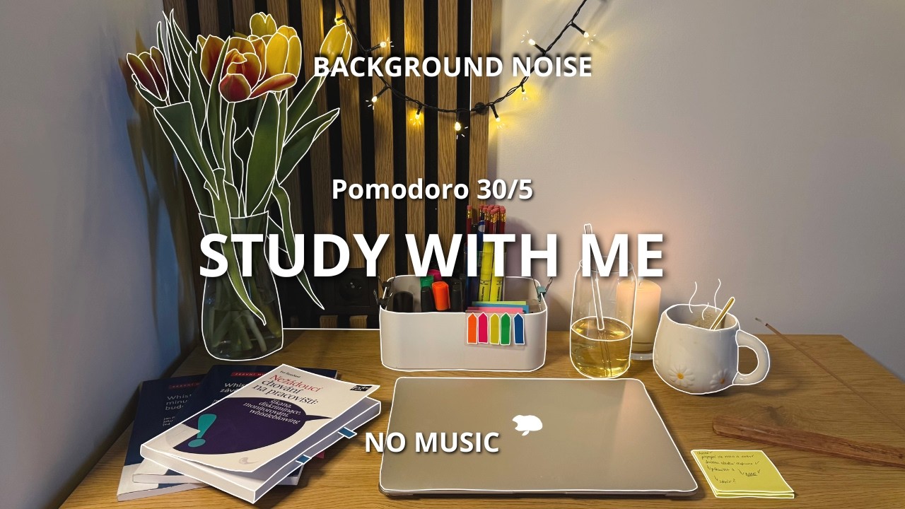 1,5 HOUR STUDY WITH ME, POMODORO 30/5, BACKGROUND NOISE (RAIN), NO MUSIC
